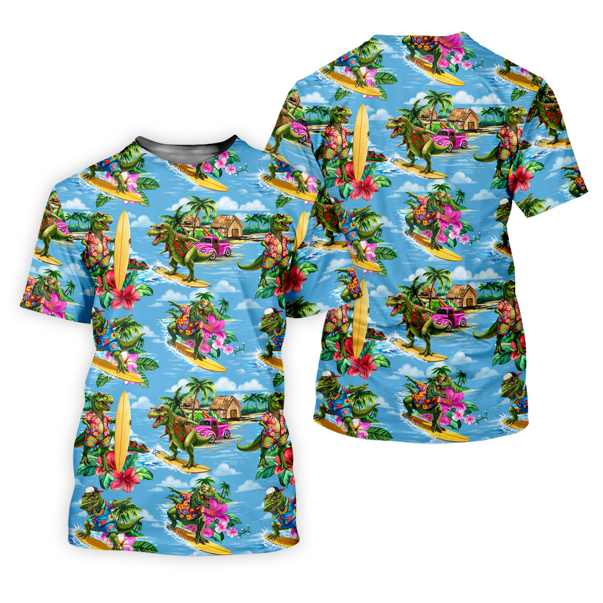Hawaiian T Rex Surfboard Beach Hawaiian Golf Shirt, Mens Golf Polo, Printed Golf Shirts