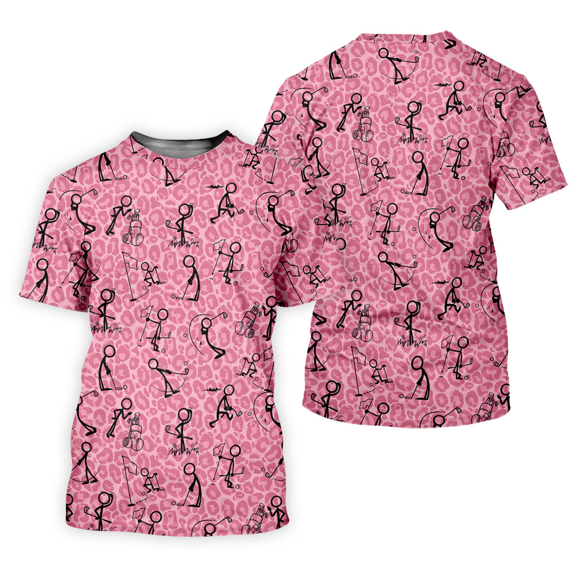 Golf Stick Man Pink Leopard Print Women Golf Top, Unique Gift For Golfer, Ladies Golf Polos