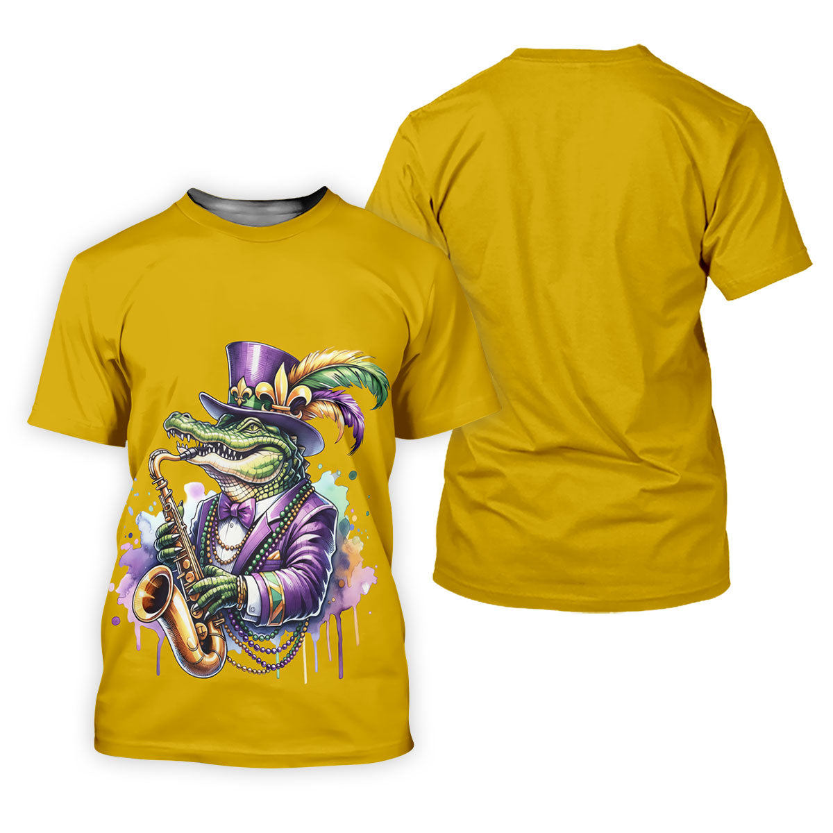 Mardi Gras Alligator Playing Saxophone Yellow Golf Shirt, Golf Shirts For Men, Polo ShirtFor Men