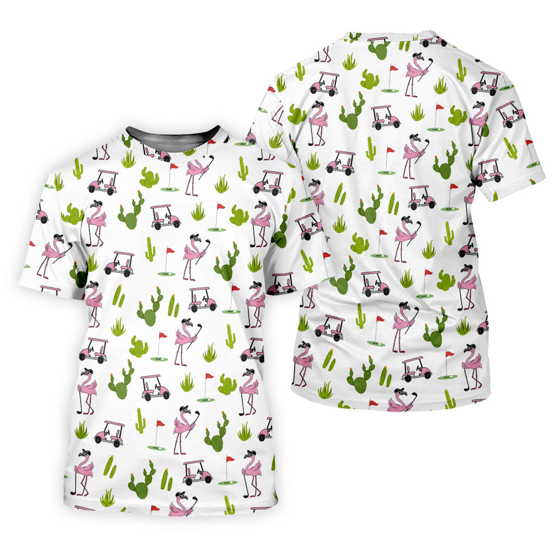 Pink Flamingo Golf Cart Cactus Hawaiian Golf Shirt, Women’s Golf Polo, Performance Golf Shirt