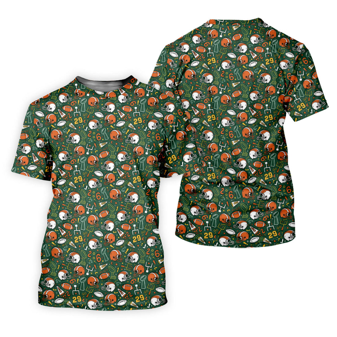 Orange And White Football Helmet Trophy Pattern Green Men Polo, Game Day Football Theme Polo For Men