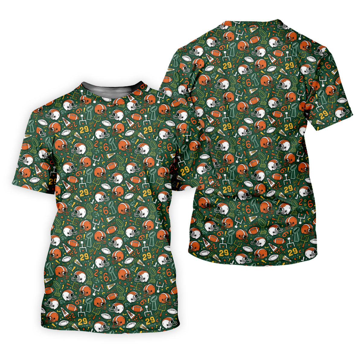 Orange And White Football Helmet Trophy Pattern Green Men Polo, Game Day Football Theme Polo For Men