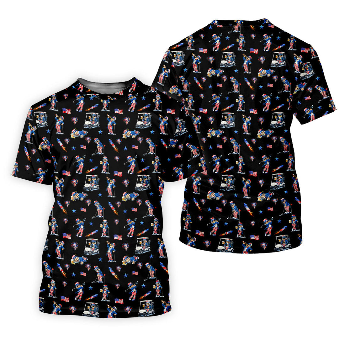 Patriotic Man Golf And Beer Funny 4th Of July Black Golf Shirt, 250 Years Seamless Pattern Women's Golf Tops