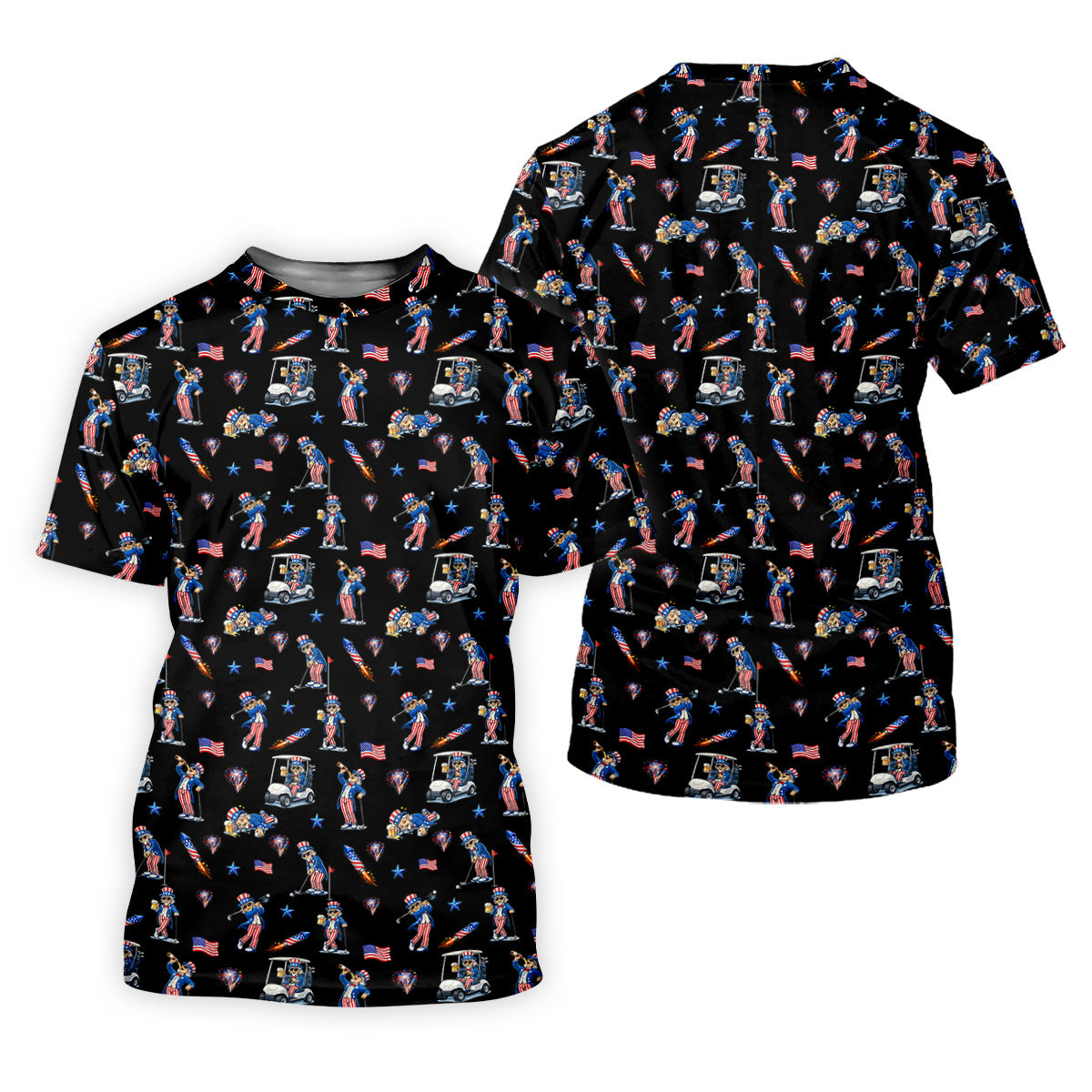 Patriotic Man Golf And Beer Funny 4th Of July Black Golf Shirt, 250 Years Seamless Pattern Women's Golf Tops