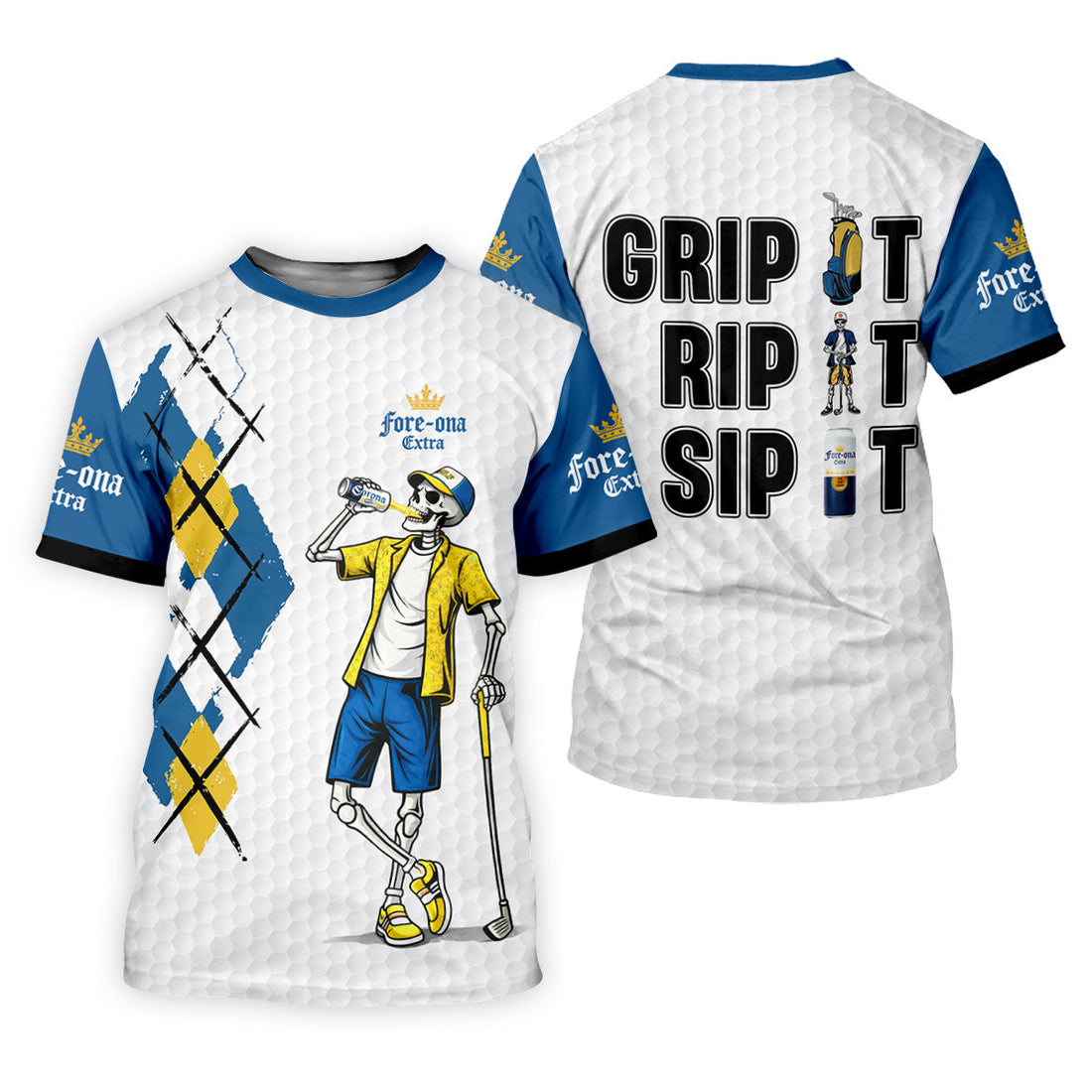 Blue Yellow Skeleton Golfer Beer Polo Shirt, Mens Golf Polo, Golf Apparel For Men