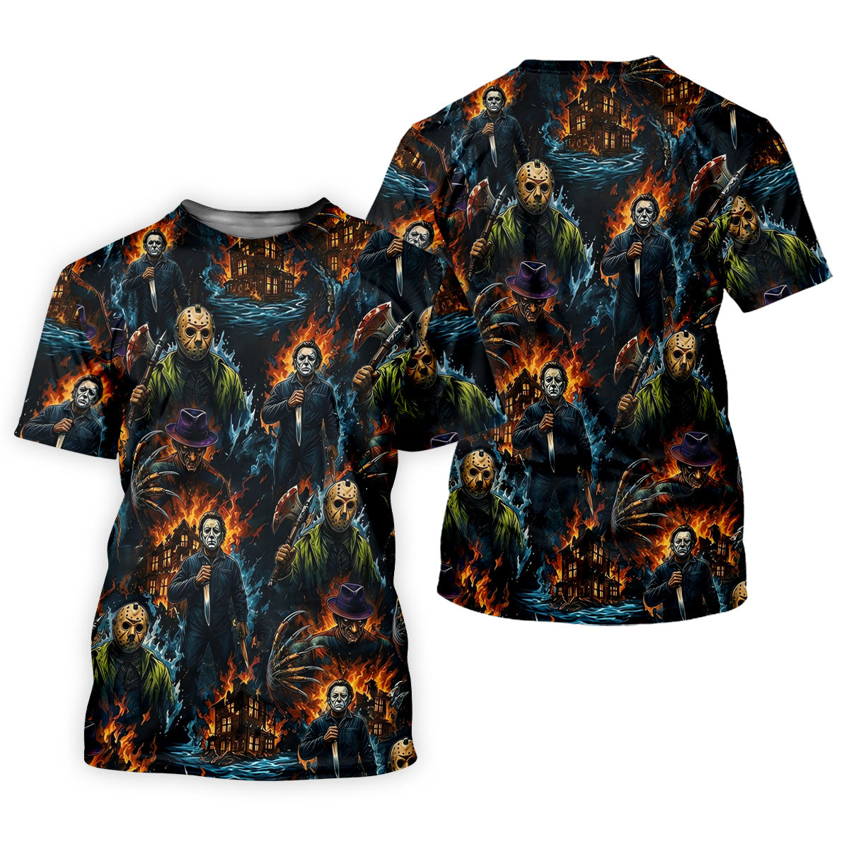 Horror Character Fire Collage Halloween Polo Shirt, Mens Golf Shirts, Mens Polo Shirts