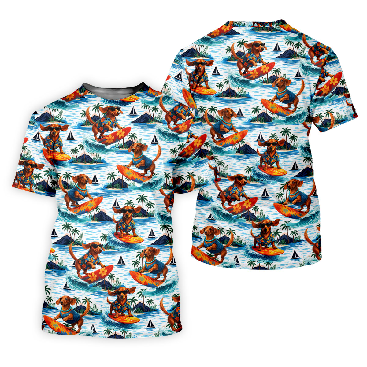 Funny Dachshund Surfing Beach Hawaiian Golf Shirt, Summer Vibe Golf Shirts For Men