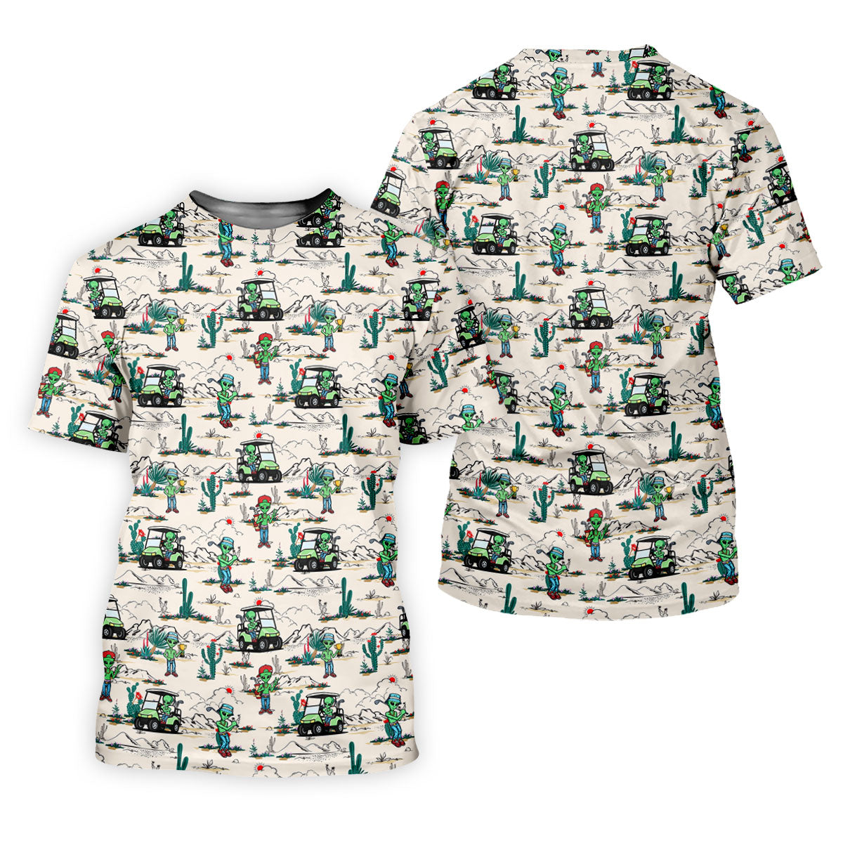 Beige Alien Desert Golf Pattern Golf Polo Shirt, Golf Polo Shirts For Men, Hawaiian Golf Shirt