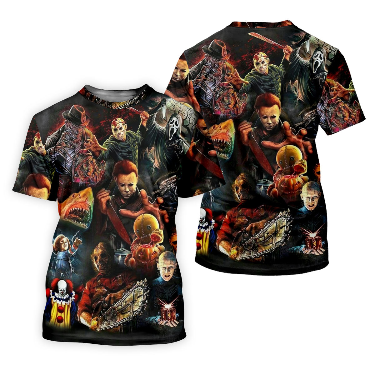 Halloween Horror Character Collage Golf Shirt, Women's Golf Polo, Printed Golf Shirt