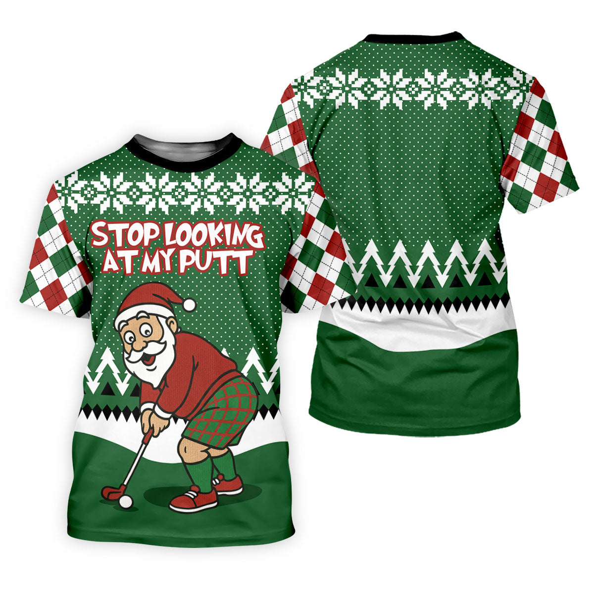 Stop Looking At My Putt Funny Santa Claus Argyle Golf Shirt, Christmas Golf Shirt, Polo ShirtFor Men