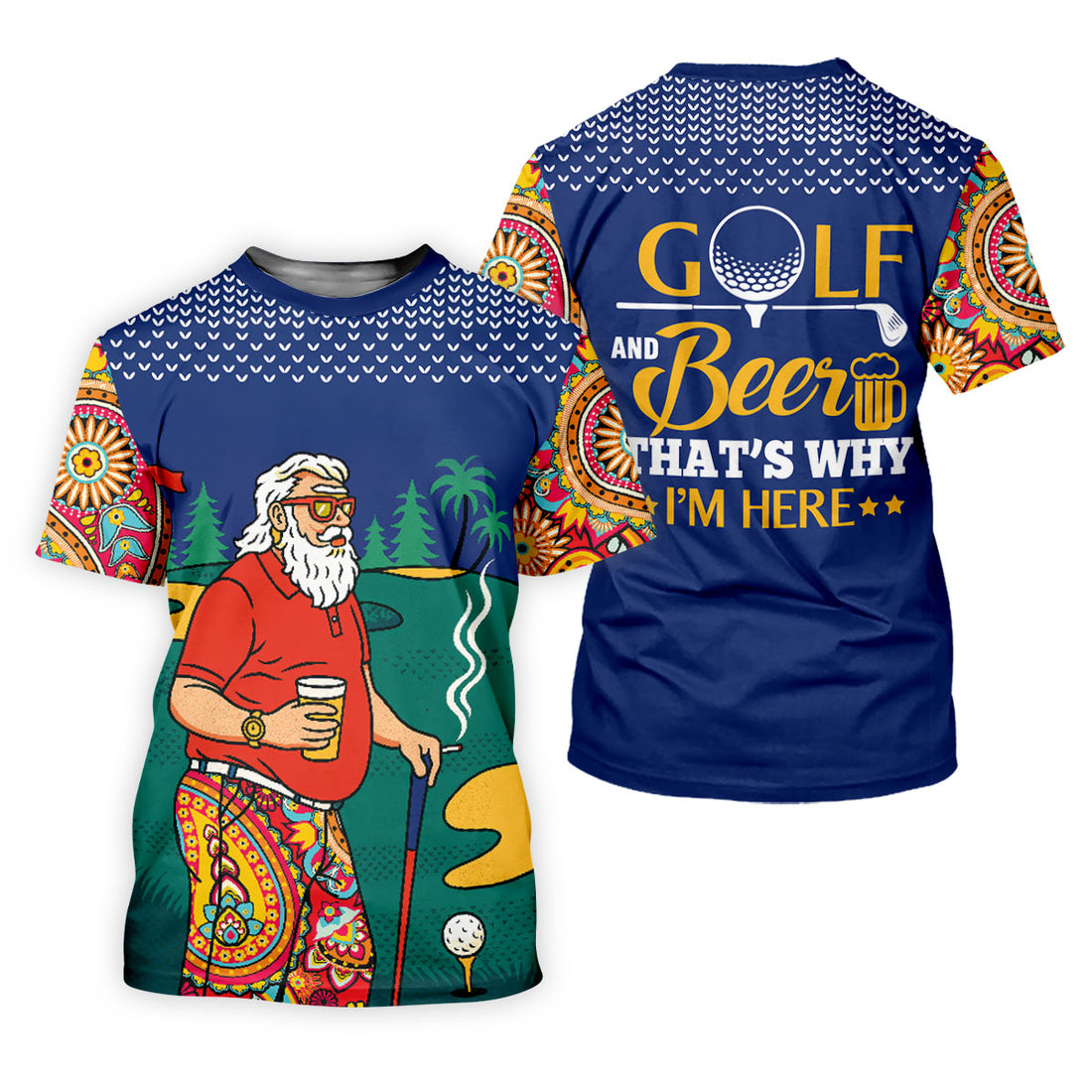 Funny Bearded Golfer With Beer And Paisley Sleeves Golf Polo, Golf Shirts For Men, Hawaiian Golf Shirt