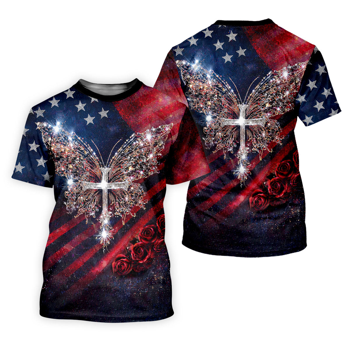 Vintage Faith Rhinestone Butterfly American Flag Golf Shirt, 250 Years Patriotic 4th Of July Golf Shirts For Men