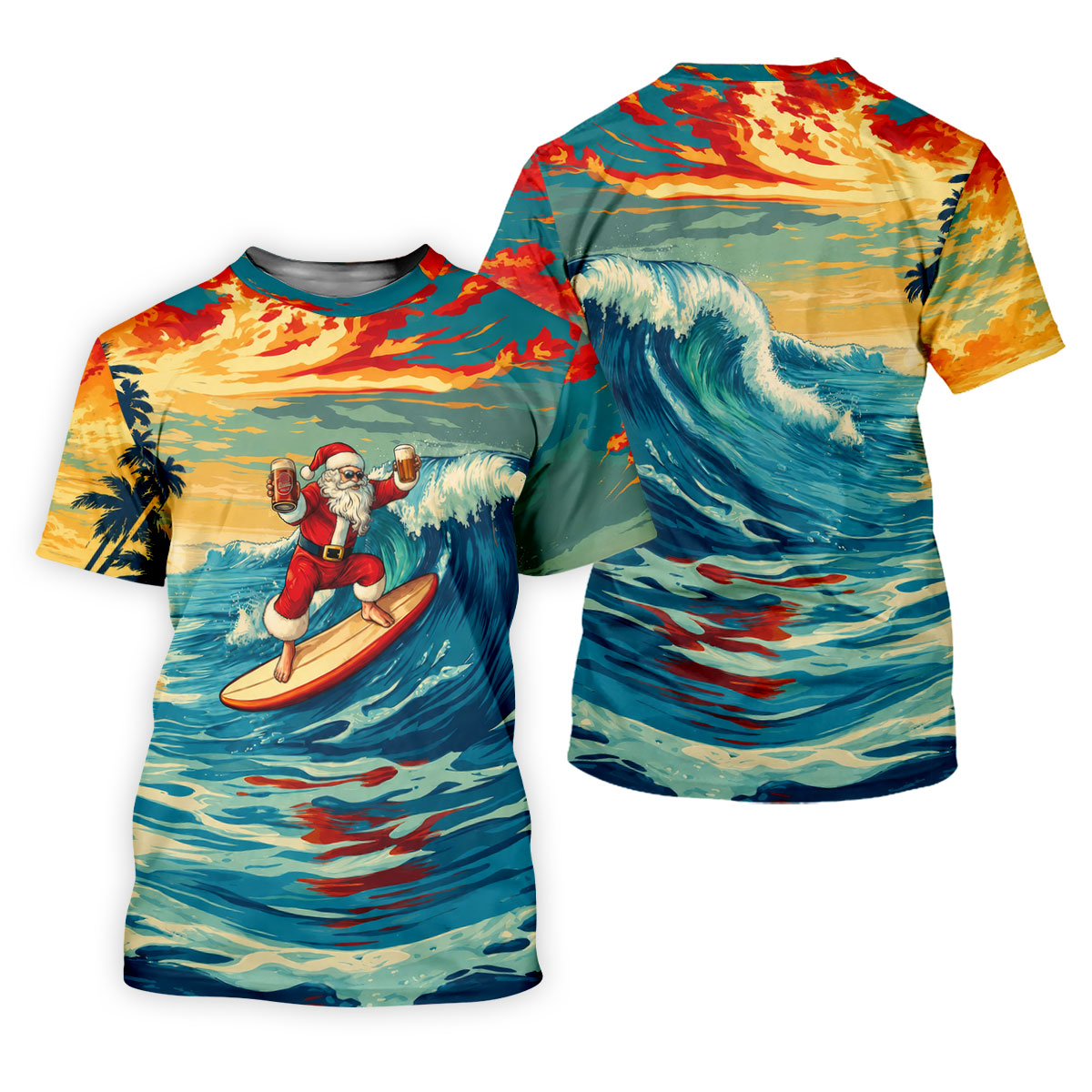 Tropical Surfing Santa Sunset Christmas Golf Shirt, Women's Golf Tops, Hawaiian Golf Shirt