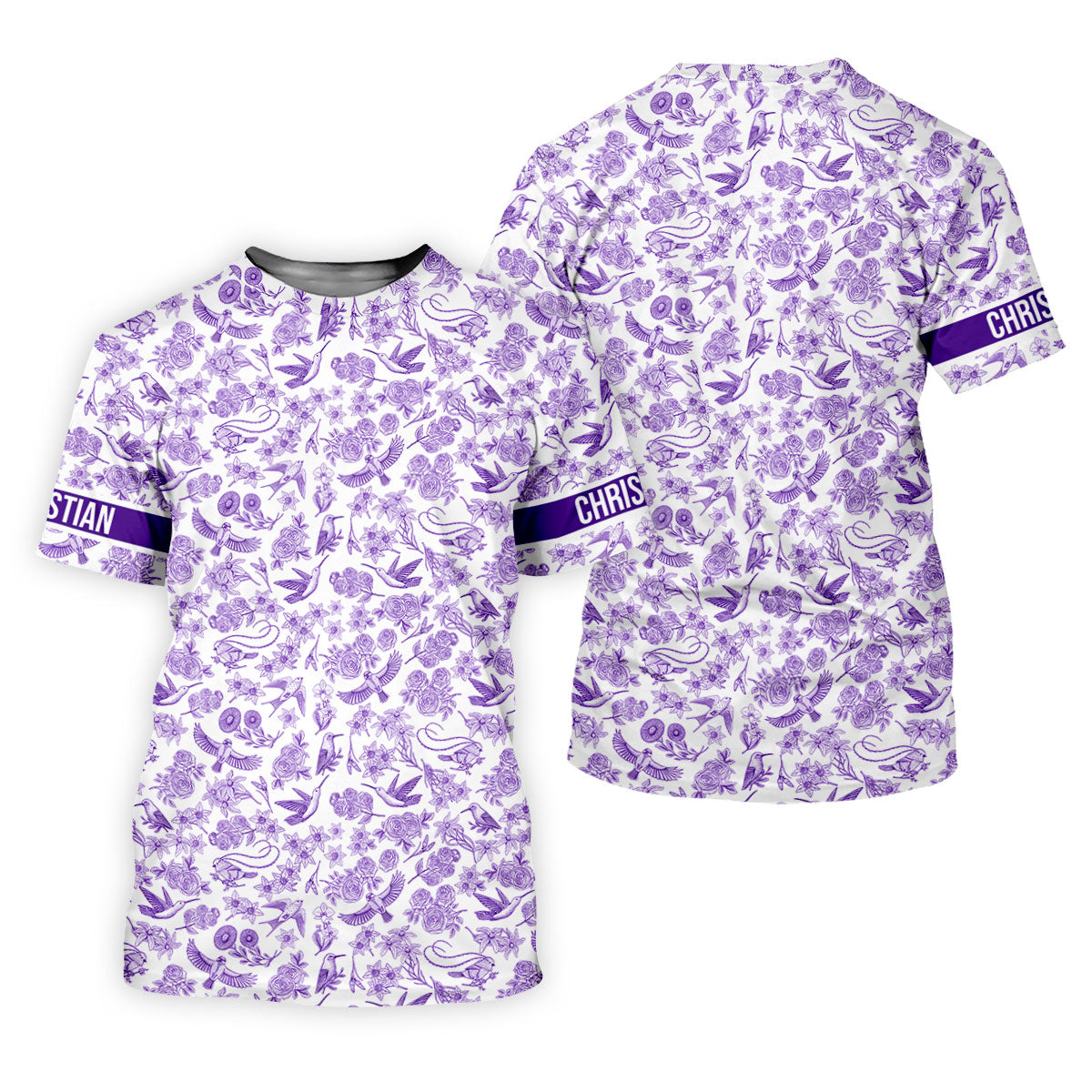 Custom Name Toile de Jouy Birds And Flowers Purple And White Polo ShirtFor Men, Golf Gift For Men