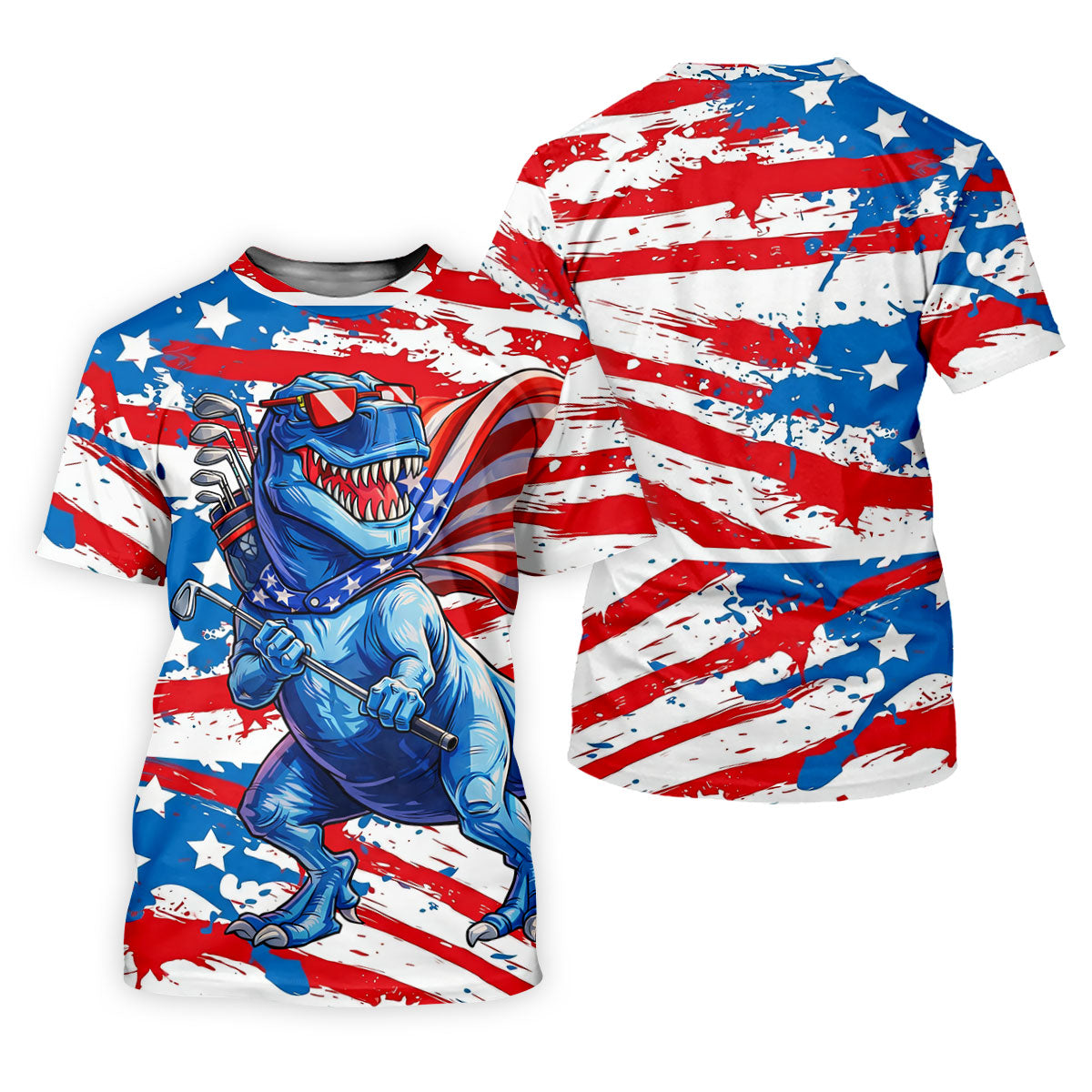 Funny Dinosaur USA Flag Print 250 Years Anniversary Golf Tops For Men, 4th Of July Patriotic Golf Shirt