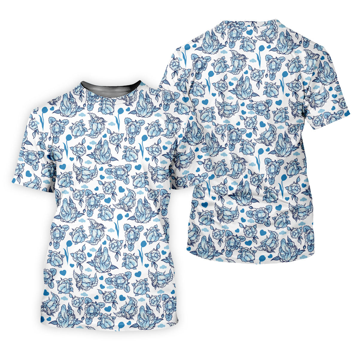Blue Rose Floral Heart Pattern Golf Shirt, Polo Shirts For Men, Printed Golf Shirts