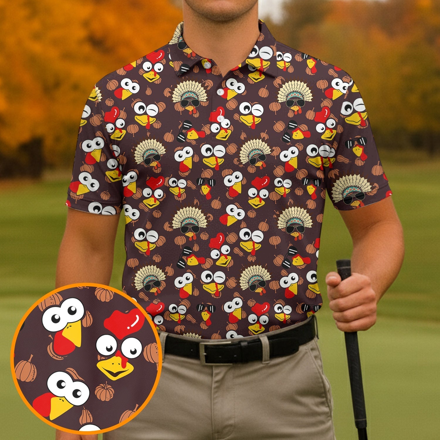 Thanksgiving Polo Golf Tops For Men, Pumpkin Turkey Fun Golf Shirts For Men, Thanksgiving Golf Gift For Men