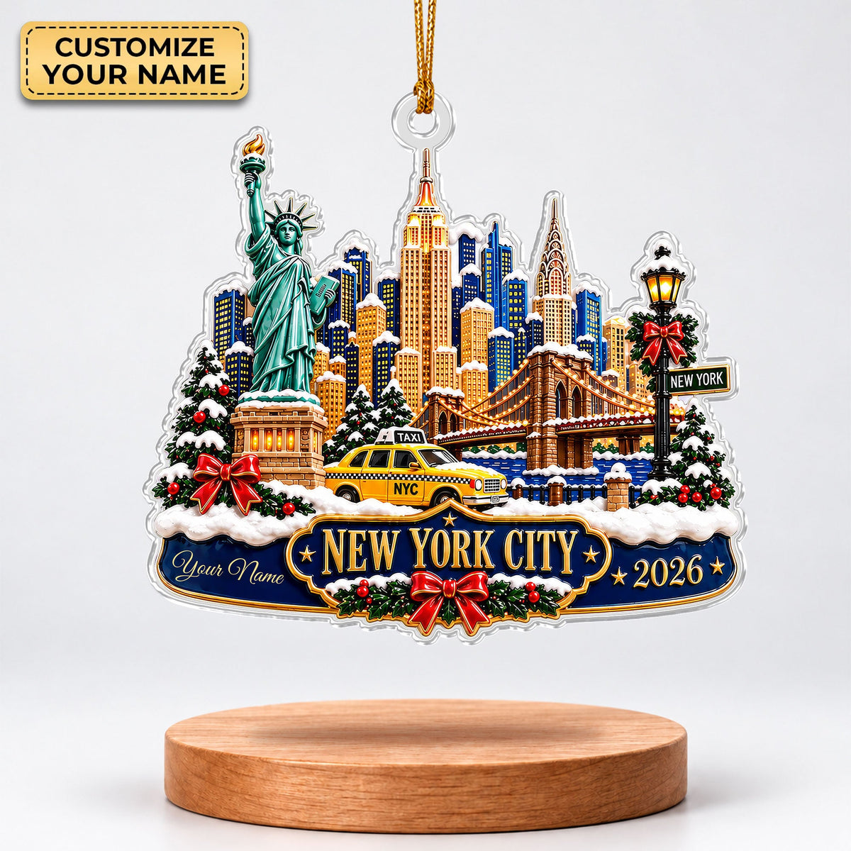 Custom Name New York Skyline Acrylic Ornament, Christmas Tree Decor, New York Gifts