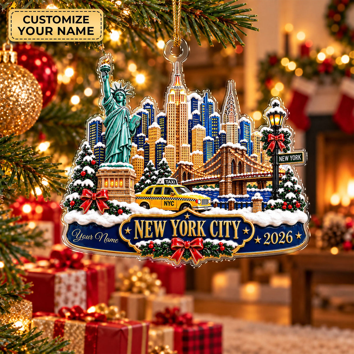 Custom Name New York Skyline Acrylic Ornament, Christmas Tree Decor, New York Gifts