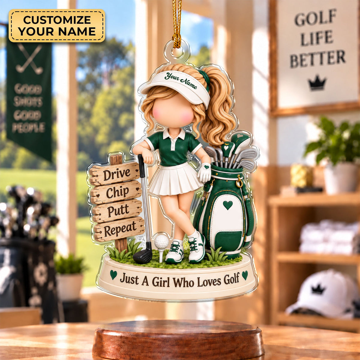 Custom Name Green Golf Girl Acrylic Ornament, Christmas Tree Decor, Golf Lover Gifts