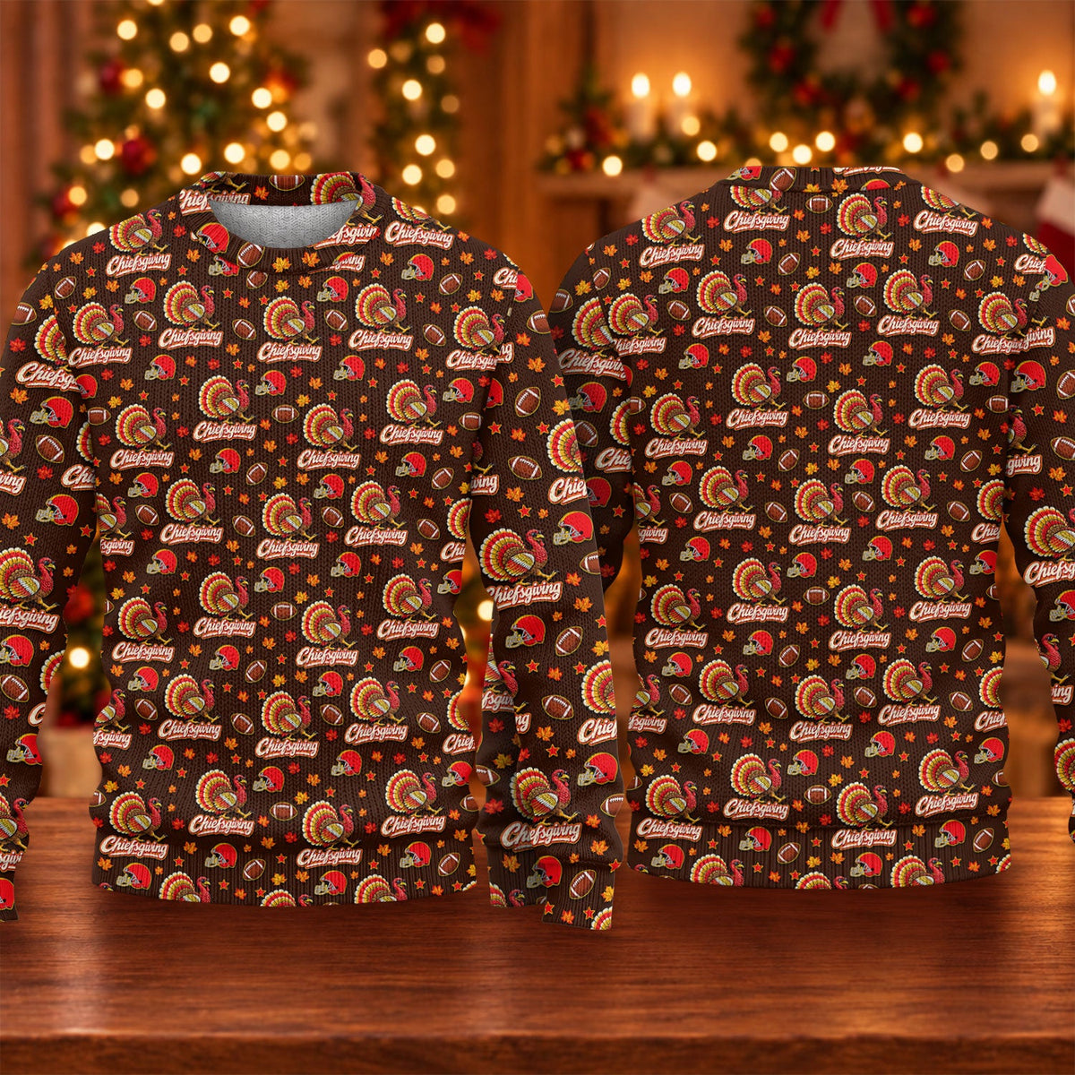 Ugly Christmas Sweater Chiefsgiving Shirt, Thanksgiving Brown Football, Family Feast