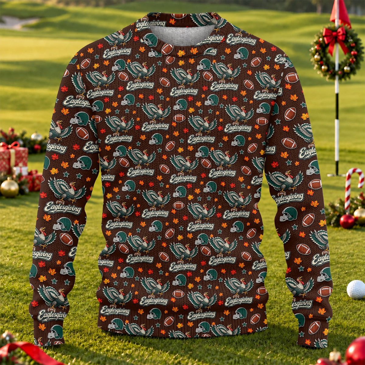 Ugly Christmas Sweater Eaglesgiving Shirt, Thanksgiving Brown Football, Team Spirit