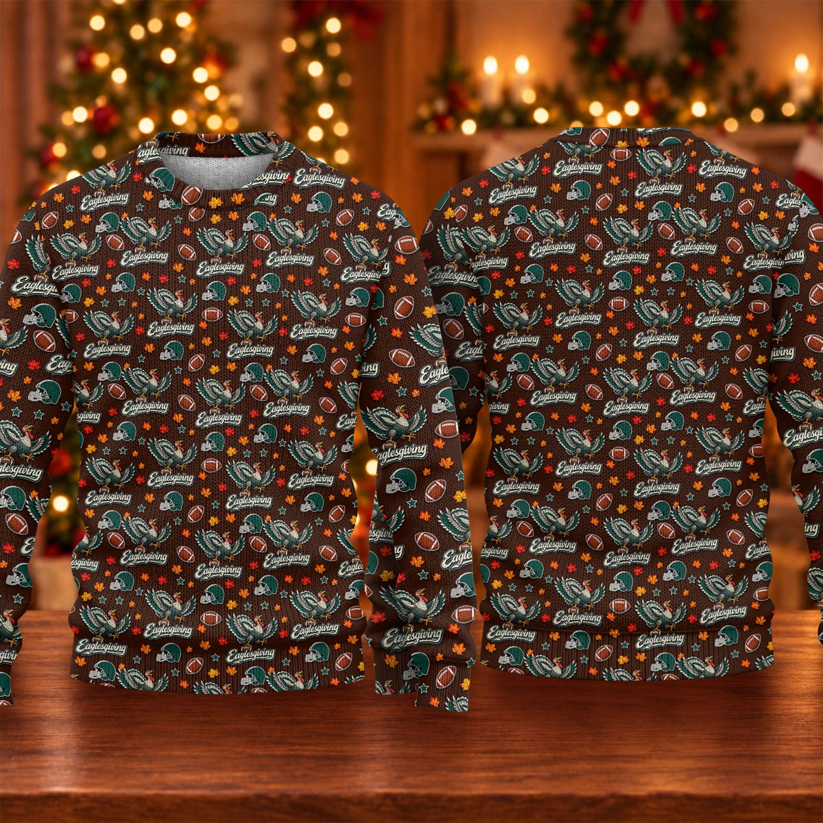 Ugly Christmas Sweater Eaglesgiving Shirt, Thanksgiving Brown Football, Team Spirit