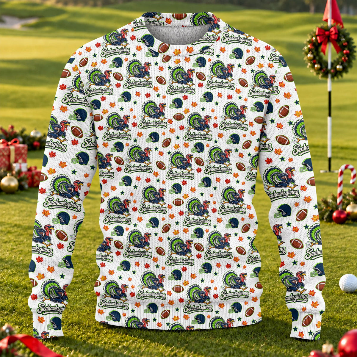 Ugly Christmas Sweater Seahawksgiving Shirt, Thanksgiving White Football, Fan Club