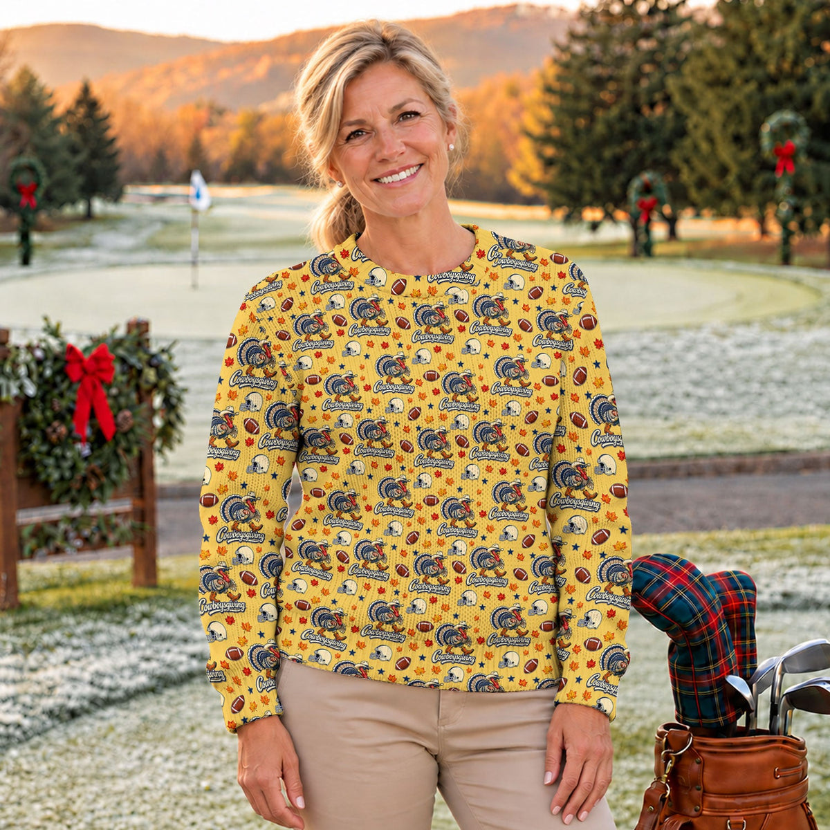 Ugly Christmas Sweater Cowboysgiving Shirt, Thanksgiving Yellow Football, Dinner Gift