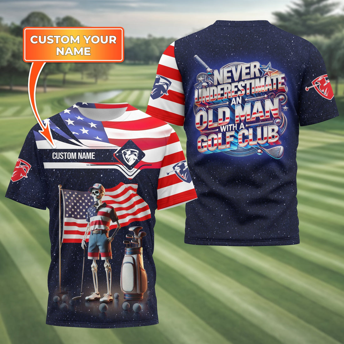 Never Underestimate An Old Man, USA Flag Shirt, Personalized Golf Shirt, Patriotic Golf Shirt, Unique Gift For Golfer