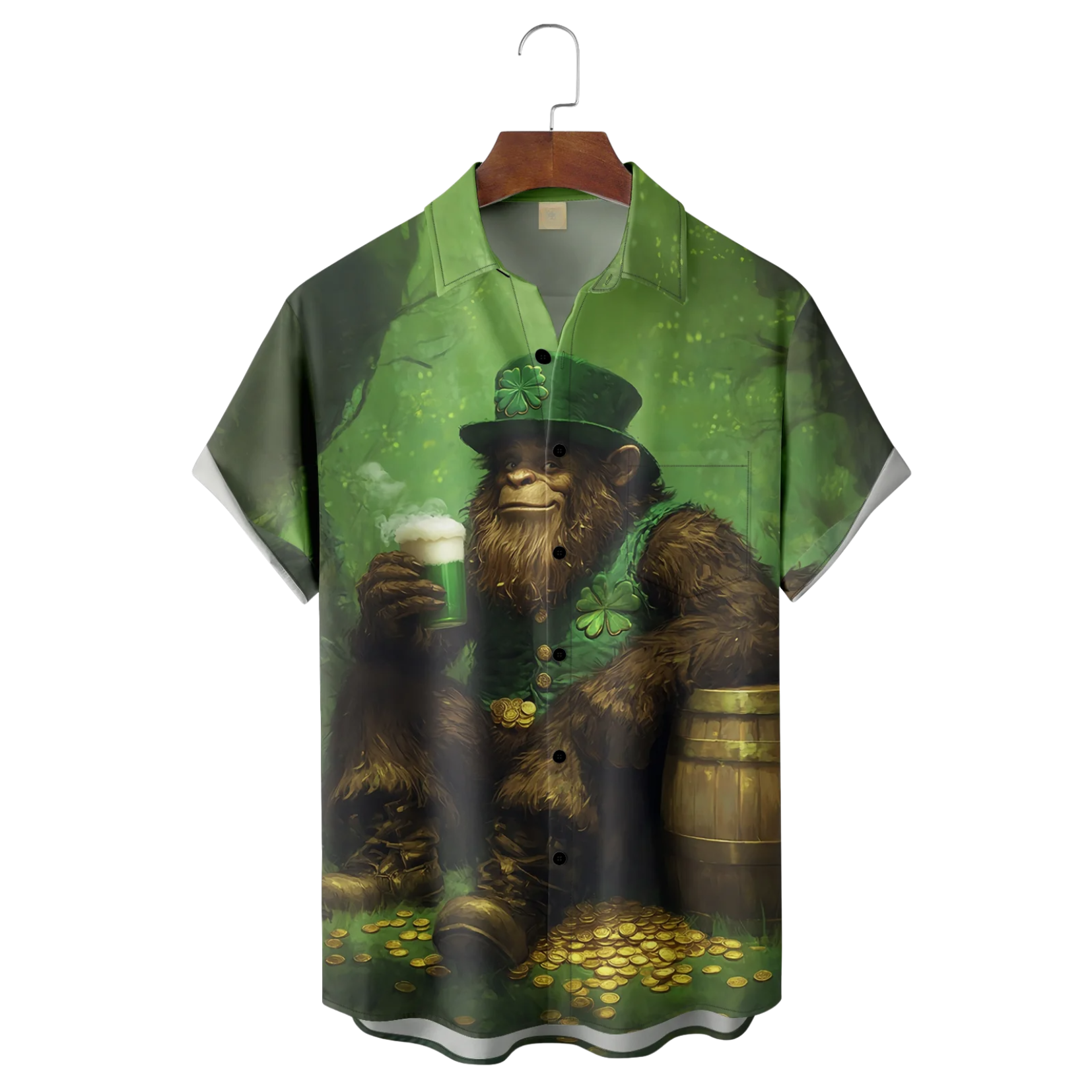 St. Patrick's Day Bigfoot Four Leaf Beer Hawaiian Golf Shirt, Holiday Hawaiian Shirt, Tropical Vibe Men's Golf Shirt