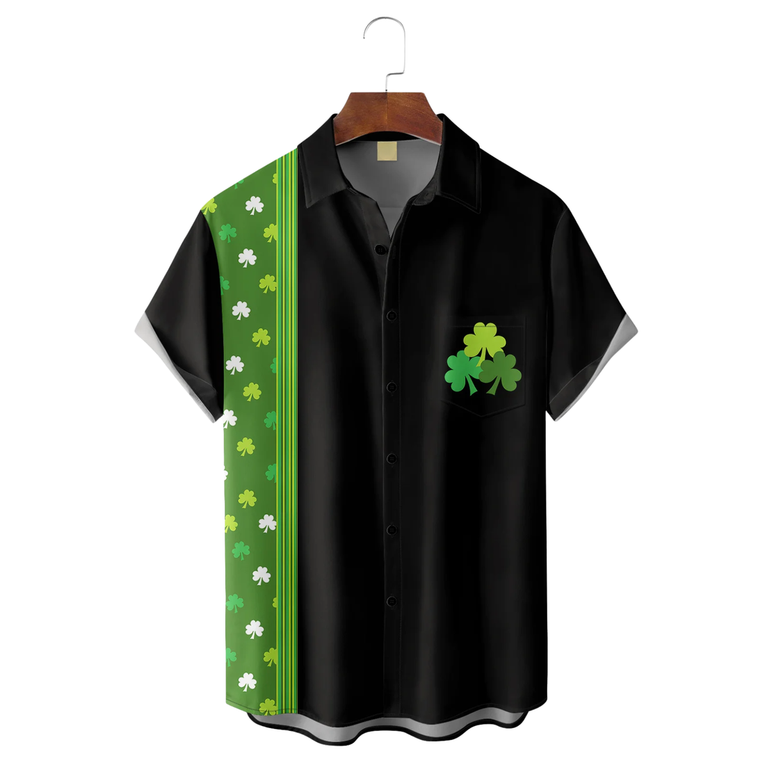 Green And Black St. Patrick's Day Lucky Clover Hawaiian Golf Shirt, Tropical Vibe Men's Golf Shirt