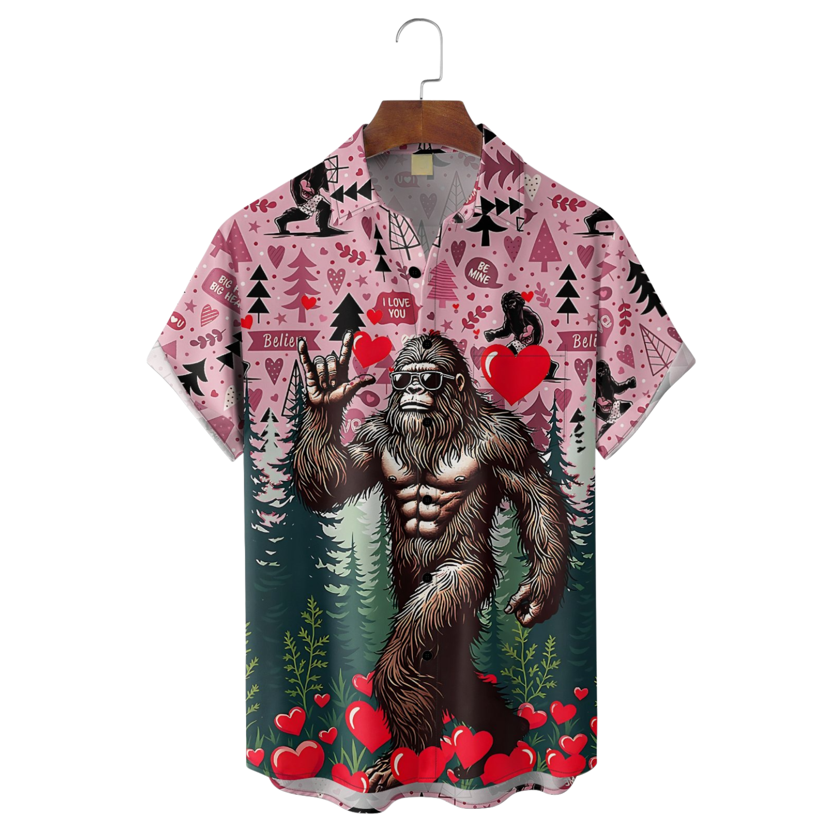 Valentine's Day Bigfoot Fun Heart Hawaiian Golf Shirt, Valentine Golf Gift, Tropical Vibe Funny Golf Shirt