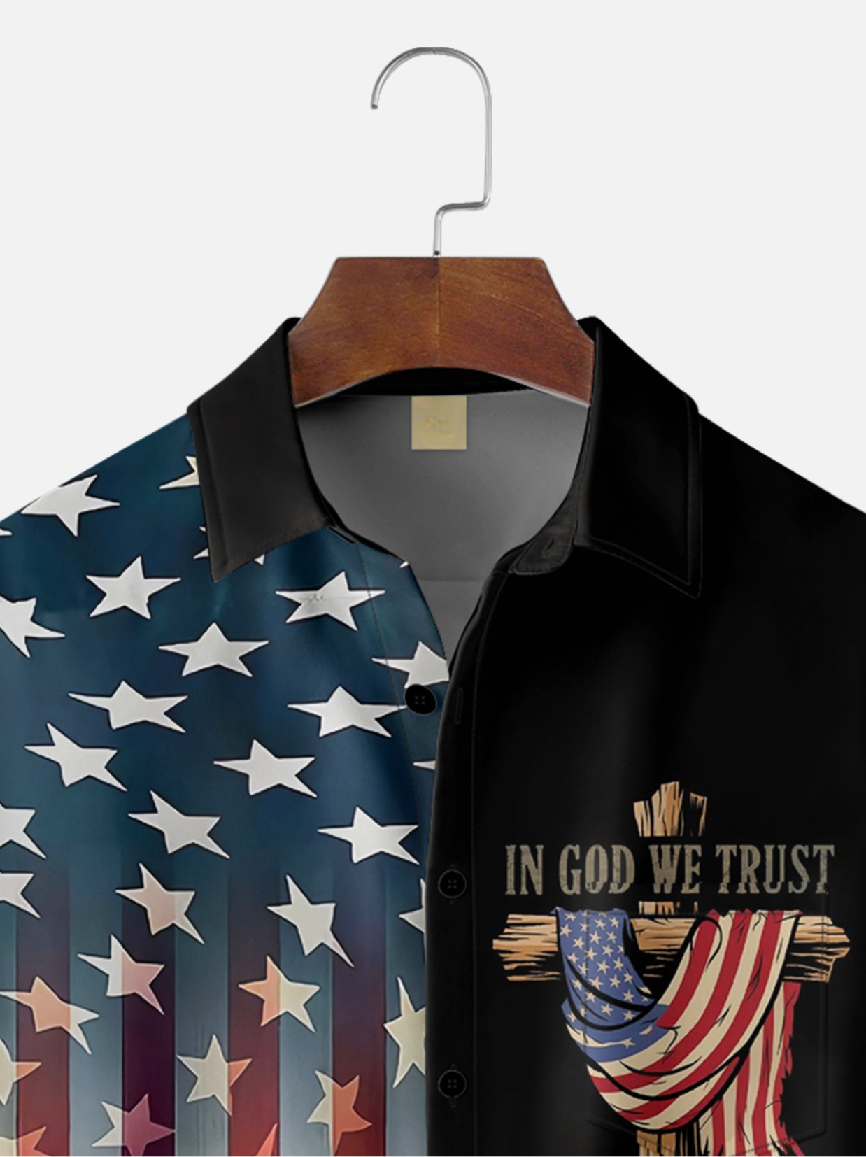American Flag Cross IN GOD WE TRUST Patriotic Hawaiian Golf Shirt, 250th Anniversary Tropical Vibe Men's Golf Shirt