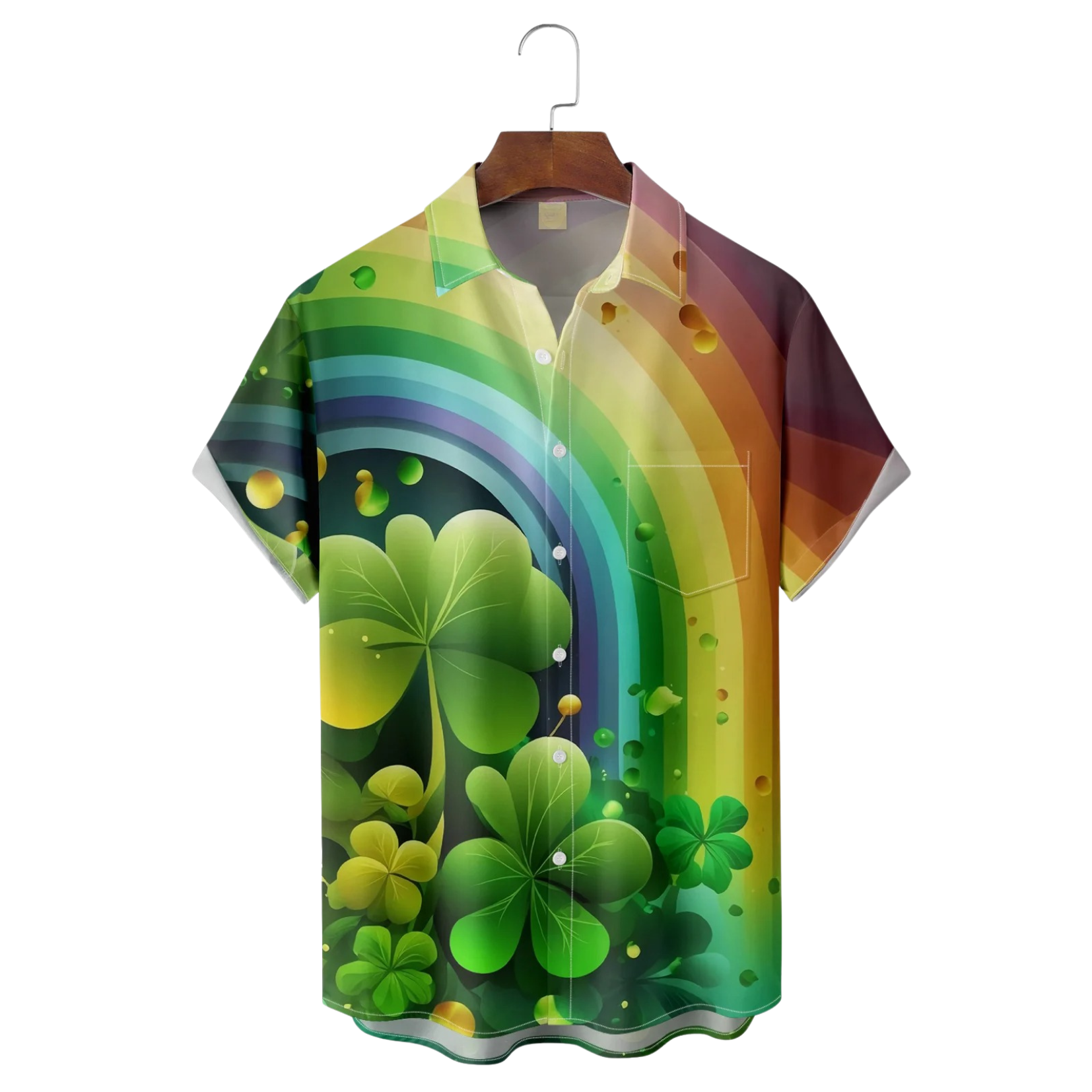 Rainbow St. Patrick's Day Fantasy Lucky Four-Leaf Clover Hawaiian Golf Shirt, Tropical Vibe Men's Golf Shirt