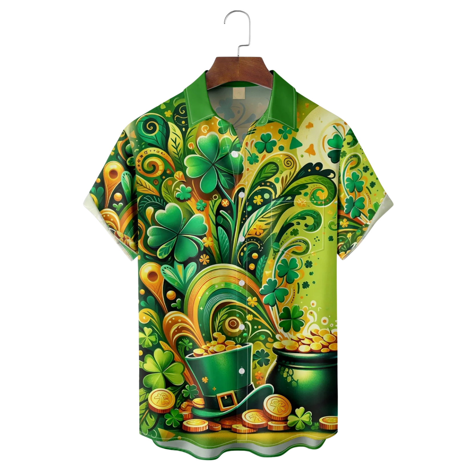 St. Patrick'S Day Pot of Gold Four Leaf Clover Hawaiian Golf Shirt, Tropical Vibe Men's Golf Shirt