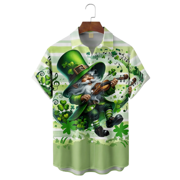 St. Patrick's Day Musical Gnome Playing Violin Hawaiian Golf Shirt, Shamrock Golf Shirts, Men's Golf Shirt