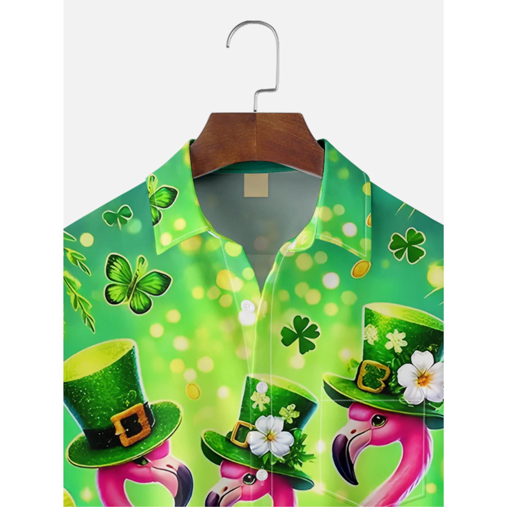 St. Patrick's Day Four Leaf Clover Flamingo Hawaiian Golf Shirt, Funny Flamingo Men's Golf Shirt