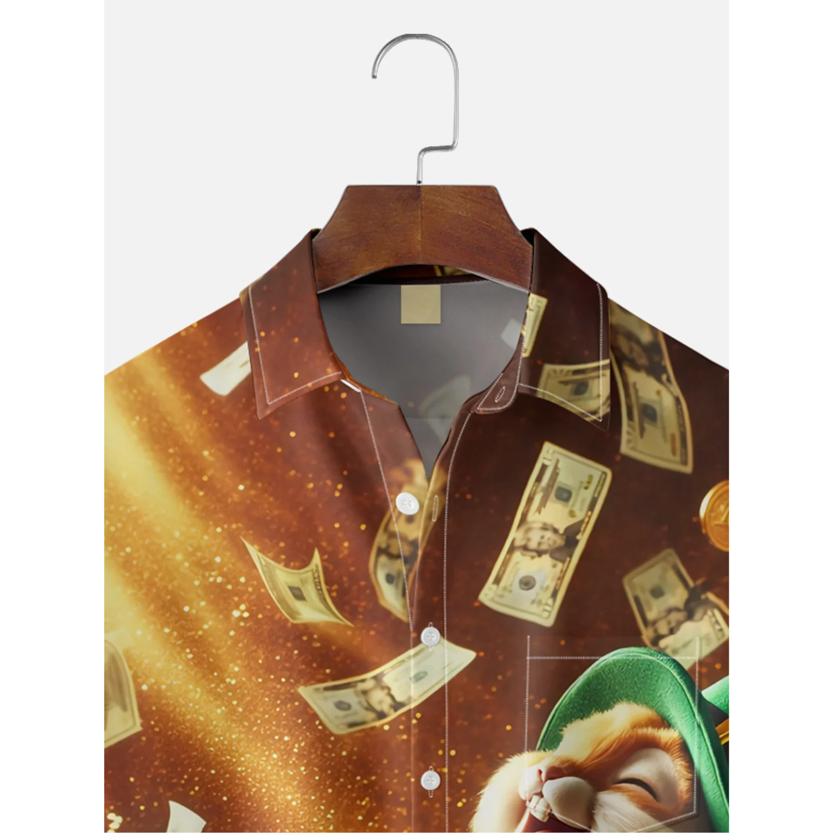 St Patrick‘s Day Shamrock Gold Coins US Dollars Easter Bunny Hawaiian Golf Shirt,  Men's Golf Shirt