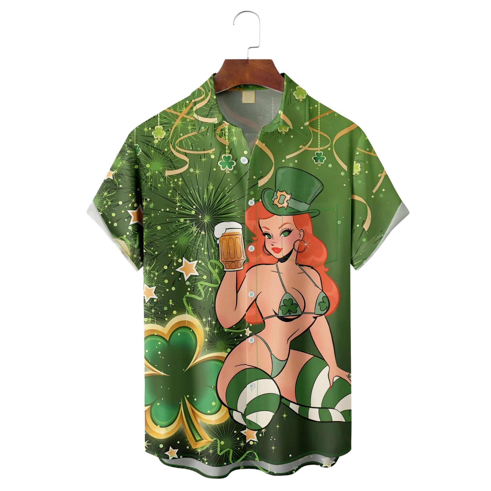 Green St. Patrick's Day Luck By Alice Meow Hawaiian Golf Shirt, Tropical Vibe Men's Golf Shirt