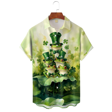St. Patrick's Day Frog Family Four-Leaf Clover Green Hawaiian Golf Shirt, Tropical Vibe Men's Golf Shirt