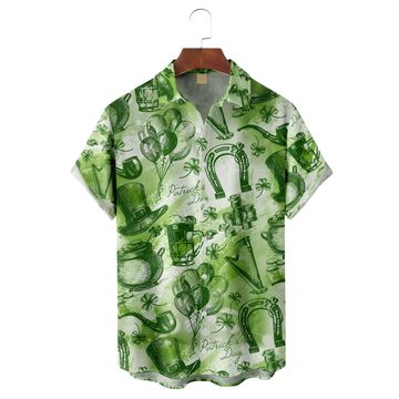 Green St. Patrick's Day Lucky Clover Gold Coins Beer Hawaiian Golf Shirt, Tropical Vibe Men's Golf Shirt