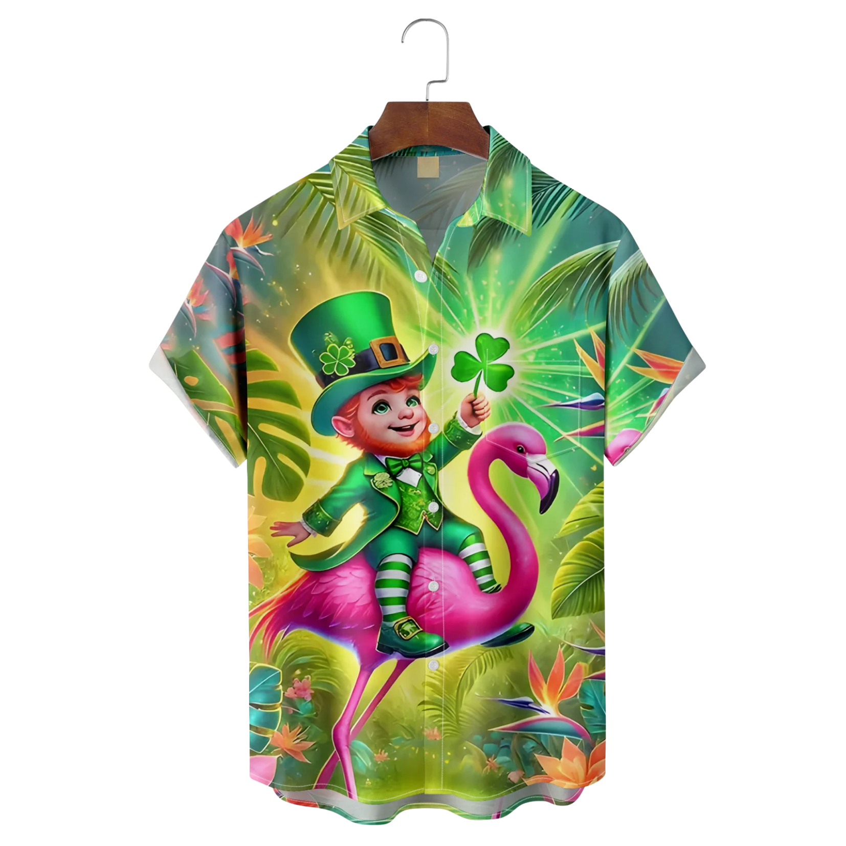 St. Patrick's Day Pygmy Hawaiian Flamingo Hawaiian Golf Shirt, St Paddy's Day Tropical Vibe Men's Golf Shirt