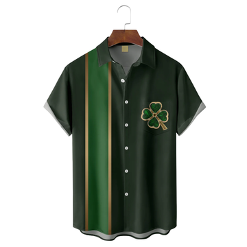 St. Patrick's Day Four Leaf Clover Black Dark Green Hawaiian Golf Shirt, St Paddy's Day Tropical Vibe Men's Golf Shirt