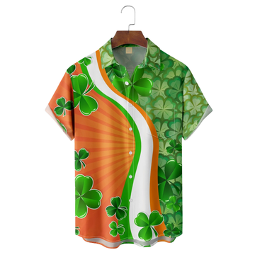 St. Patrick's Day Lucky Four Leaf Clover Orange And Green Hawaiian Golf Shirt, Tropical Vibe Men's Golf Shirt