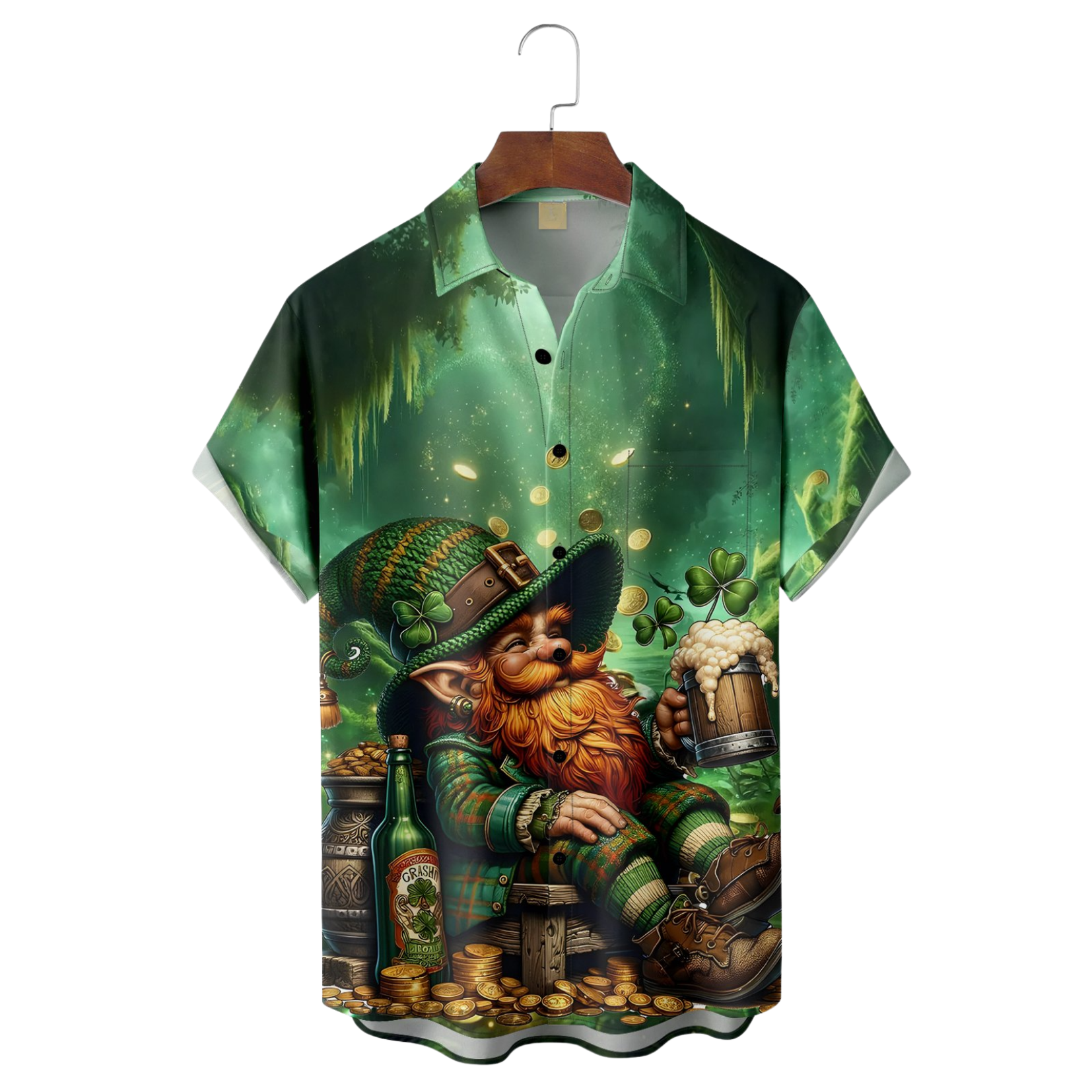 Lucky St. Patrick's Day Gnome Beer And Gold Coin Hawaiian Golf Shirt, Tropical Vibe Men's Golf Shirt