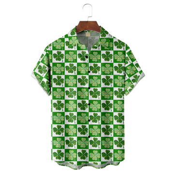 Green St. Patrick's Day Lucky Clover Lucky Grid Hawaiian Golf Shirt, St Paddy's Day Tropical Vibe Men's Golf Shirt