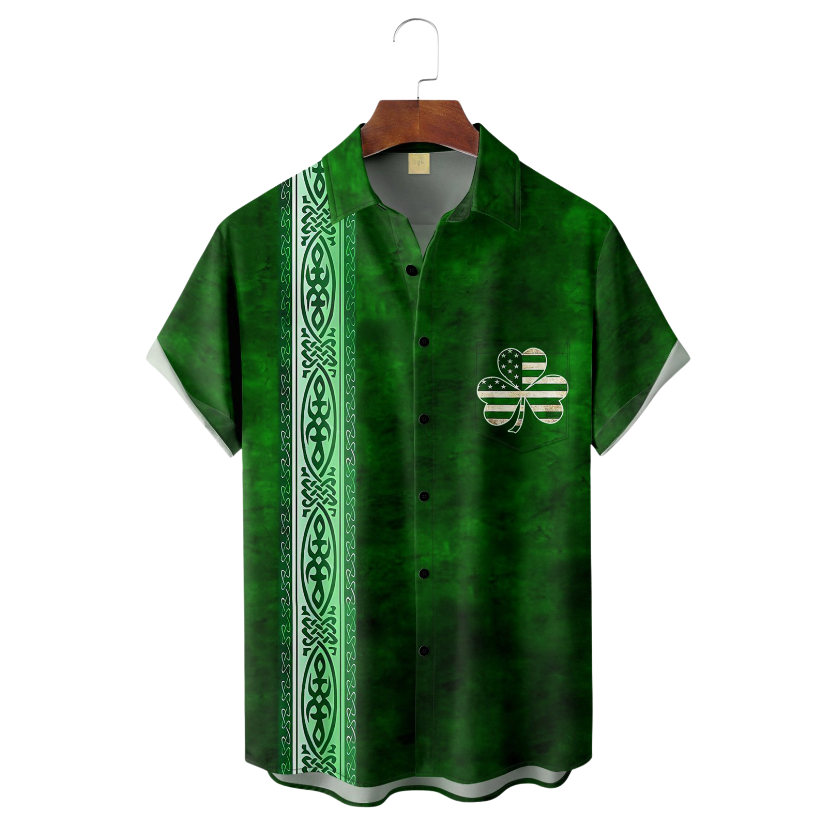 Green St. Patrick's Day Lucky Clover America Flag Print Hawaiian Golf Shirt, Tropical Vibe Men's Golf Shirt