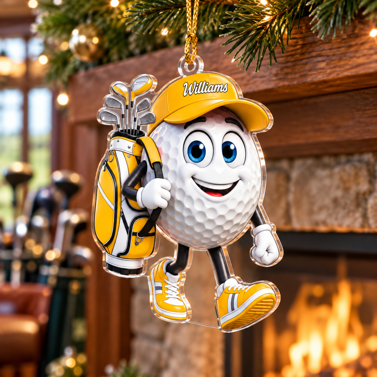 Custom Name Yellow Walking Golf Ball Acrylic Ornament, Christmas Gifts, Golfer Gifts