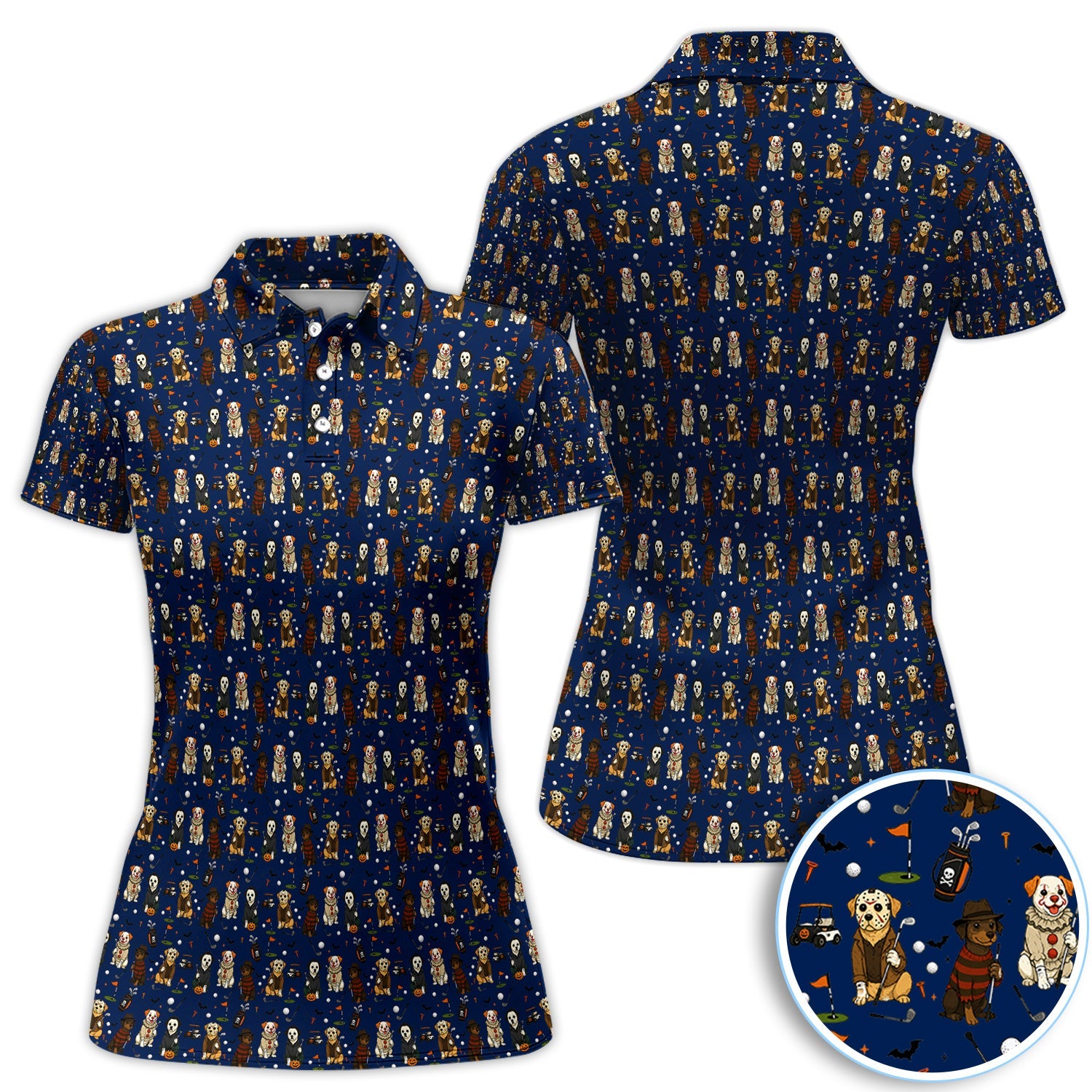 Funny Horror Dog Halloween Golf Pattern Shirt, Spooky Dog Golf Polo For Women, Halloween Golfer Gift